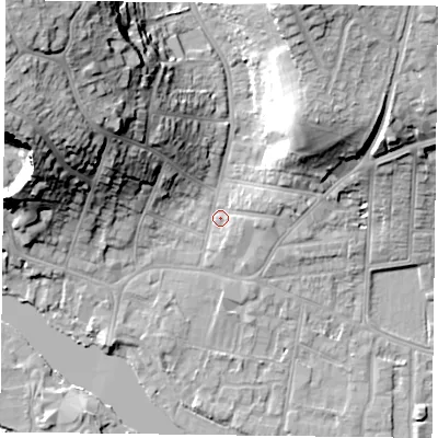 Shaded relief map of the ground around RG47SY, computed from Environment Agency LiDAR. The ground here sits at about 39 m above sea level and falls 30 m across the surrounding 800 m. Surface water reaching this point runs off ground lying to the north-west, 28.1 m higher.