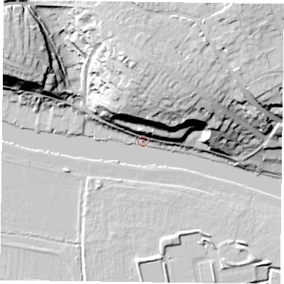 Shaded relief map of the ground around RG47TH, computed from Environment Agency LiDAR. The ground here sits at about 38 m above sea level and falls 35 m across the surrounding 800 m. Surface water reaching this point runs off ground lying to the north, 35.0 m higher.