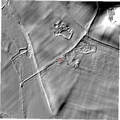 Shaded relief map of the ground around RG47TL, computed from Environment Agency LiDAR. The ground here sits at about 39 m above sea level and falls 20 m across the surrounding 800 m. Surface water reaching this point runs off ground lying to the south-south-west, 1.1 m higher.