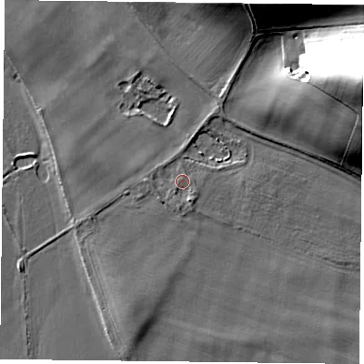 Shaded relief map of the ground around RG47TN, computed from Environment Agency LiDAR. The ground here sits at about 39 m above sea level and falls 35 m across the surrounding 800 m. Surface water reaching this point runs off ground lying to the south-south-east, 1.4 m higher.