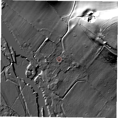 Shaded relief map of the ground around RG47TP, computed from Environment Agency LiDAR. The ground here sits at about 41 m above sea level and falls 56 m across the surrounding 800 m. Surface water reaching this point runs off ground lying to the north-east, 47.6 m higher.