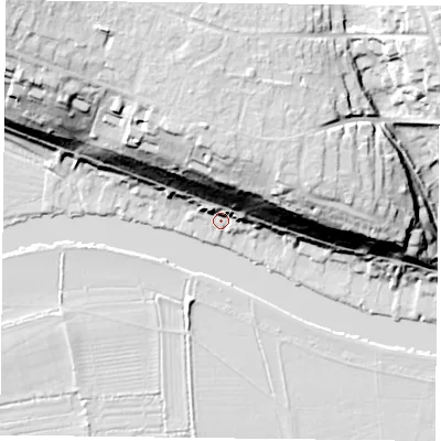 Shaded relief map of the ground around RG47TQ, computed from Environment Agency LiDAR. The ground here sits at about 39 m above sea level and falls 37 m across the surrounding 800 m. Surface water reaching this point runs off ground lying to the north, 31.4 m higher.