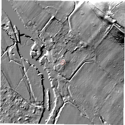 Shaded relief map of the ground around RG47TR, computed from Environment Agency LiDAR. The ground here sits at about 40 m above sea level and falls 56 m across the surrounding 800 m. Surface water reaching this point runs off ground lying to the north-east, 50.1 m higher.