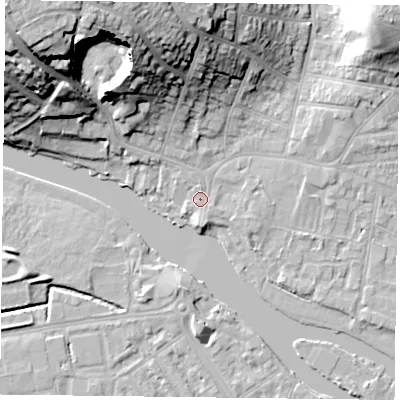 Shaded relief map of the ground around RG48AA, computed from Environment Agency LiDAR. The ground here sits at about 38 m above sea level and falls 32 m across the surrounding 800 m. Surface water reaching this point runs off ground lying to the north-west, 29.8 m higher.