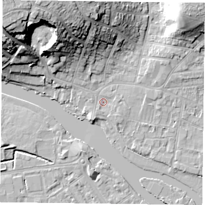 Shaded relief map of the ground around RG48AE, computed from Environment Agency LiDAR. The ground here sits at about 38 m above sea level and falls 31 m across the surrounding 800 m. Surface water reaching this point runs off ground lying to the north-west, 29.7 m higher.