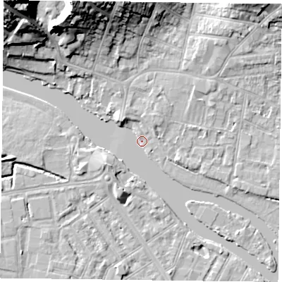 Shaded relief map of the ground around RG48AL, computed from Environment Agency LiDAR. The ground here sits at about 37 m above sea level and falls 28 m across the surrounding 800 m. Surface water reaching this point runs off ground lying to the north-east, 5.5 m higher.