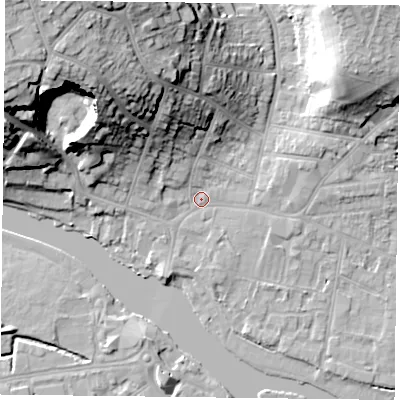 Shaded relief map of the ground around RG48AR, computed from Environment Agency LiDAR. The ground here sits at about 38 m above sea level and falls 32 m across the surrounding 800 m. Surface water reaching this point runs off ground lying to the north-north-west, 22.4 m higher.