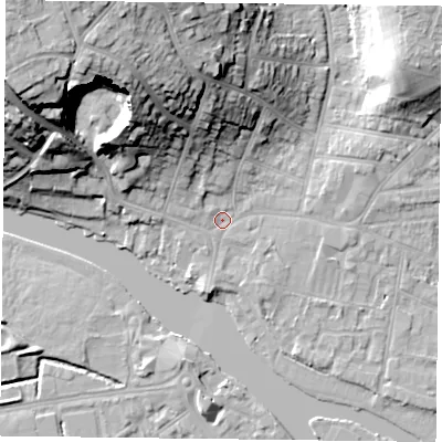 Shaded relief map of the ground around RG48AT, computed from Environment Agency LiDAR. The ground here sits at about 38 m above sea level and falls 32 m across the surrounding 800 m. Surface water reaching this point runs off ground lying to the north-west, 30.6 m higher.