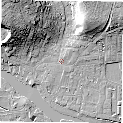 Shaded relief map of the ground around RG48AU, computed from Environment Agency LiDAR. The ground here sits at about 39 m above sea level and falls 30 m across the surrounding 800 m. Surface water reaching this point runs off ground lying to the north-north-east, 17.1 m higher.