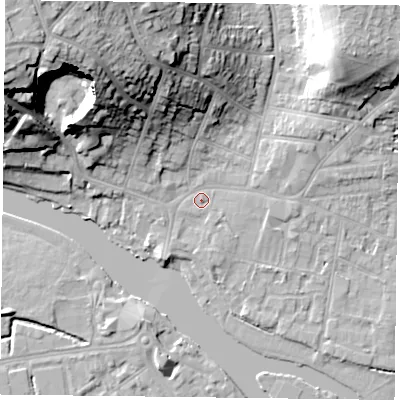 Shaded relief map of the ground around RG48AZ, computed from Environment Agency LiDAR. The ground here sits at about 39 m above sea level and falls 31 m across the surrounding 800 m. Surface water reaching this point runs off ground lying to the north-west, 29.7 m higher.