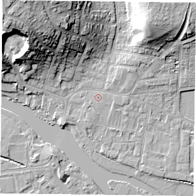 Shaded relief map of the ground around RG48BA, computed from Environment Agency LiDAR. The ground here sits at about 39 m above sea level and falls 30 m across the surrounding 800 m. The ground contributing surface water to this point lies to the south-east.