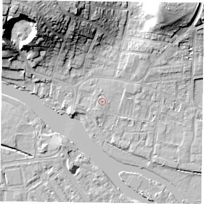 Shaded relief map of the ground around RG48BB, computed from Environment Agency LiDAR. The ground here sits at about 39 m above sea level and falls 31 m across the surrounding 800 m. Surface water reaching this point runs off ground lying to the north-west, 0.7 m higher.