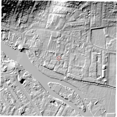 Shaded relief map of the ground around RG48BD, computed from Environment Agency LiDAR. The ground here sits at about 38 m above sea level and falls 22 m across the surrounding 800 m. Surface water reaching this point runs off ground lying to the north-north-west, 1.2 m higher.