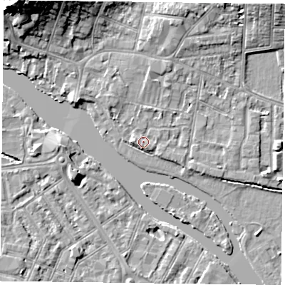 Shaded relief map of the ground around RG48BE, computed from Environment Agency LiDAR. The ground here sits at about 38 m above sea level and falls 17 m across the surrounding 800 m. Surface water reaching this point runs off ground lying to the north-north-east, 1.3 m higher.