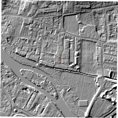 Shaded relief map of the ground around RG48BF, computed from Environment Agency LiDAR. The ground here sits at about 38 m above sea level and falls 7 m across the surrounding 800 m. Surface water reaching this point runs off ground lying to the north, 0.8 m higher.