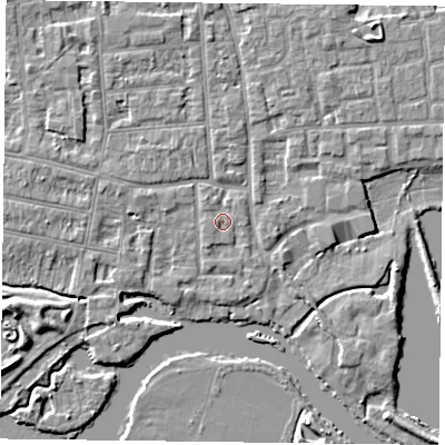 Shaded relief map of the ground around RG48BG, computed from Environment Agency LiDAR. The ground here sits at about 37 m above sea level and falls 5 m across the surrounding 800 m. Surface water reaching this point runs off ground lying to the south-south-west, 1.1 m higher.