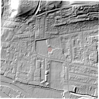 Shaded relief map of the ground around RG48BH, computed from Environment Agency LiDAR. The ground here sits at about 38 m above sea level and falls 20 m across the surrounding 800 m. Surface water reaching this point runs off ground lying to the north-north-west, 2.5 m higher.