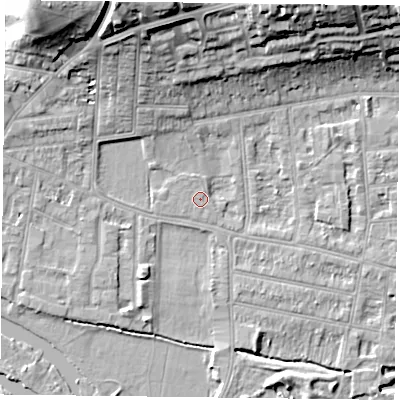 Shaded relief map of the ground around RG48BJ, computed from Environment Agency LiDAR. The ground here sits at about 38 m above sea level and falls 20 m across the surrounding 800 m. Surface water reaching this point runs off ground lying to the north-west, 18.8 m higher.