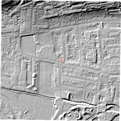 Shaded relief map of the ground around RG48BL, computed from Environment Agency LiDAR. The ground here sits at about 38 m above sea level and falls 18 m across the surrounding 800 m. Surface water reaching this point runs off ground lying to the north-west, 16.0 m higher.