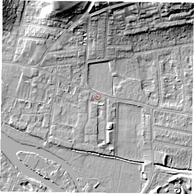 Shaded relief map of the ground around RG48BN, computed from Environment Agency LiDAR. The ground here sits at about 38 m above sea level and falls 19 m across the surrounding 800 m. Surface water reaching this point runs off ground lying to the north-north-west, 16.3 m higher.