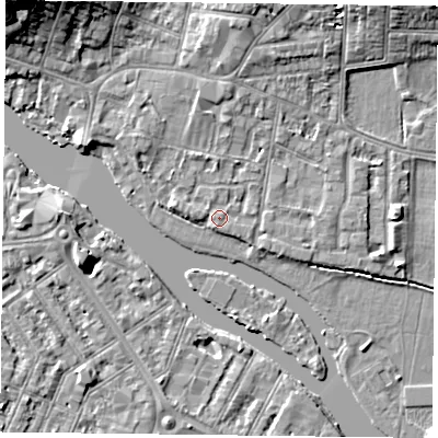 Shaded relief map of the ground around RG48BQ, computed from Environment Agency LiDAR. The ground here sits at about 38 m above sea level and falls 13 m across the surrounding 800 m. Surface water reaching this point runs off ground lying to the north-north-east, 4.2 m higher.