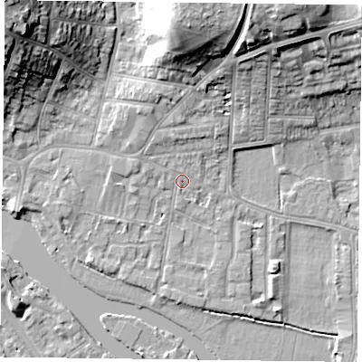 Shaded relief map of the ground around RG48BT, computed from Environment Agency LiDAR. The ground here sits at about 39 m above sea level and falls 22 m across the surrounding 800 m. Surface water reaching this point runs off ground lying to the north, 3.4 m higher.