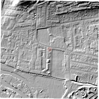 Shaded relief map of the ground around RG48BU, computed from Environment Agency LiDAR. The ground here sits at about 38 m above sea level and falls 17 m across the surrounding 800 m. Surface water reaching this point runs off ground lying to the north-north-west, 14.9 m higher.