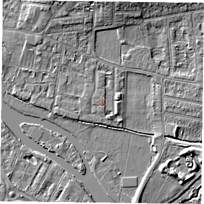 Shaded relief map of the ground around RG48BW, computed from Environment Agency LiDAR. The ground here sits at about 39 m above sea level and falls 7 m across the surrounding 800 m. Surface water reaching this point runs off ground lying to the south-south-east, 1.9 m higher.