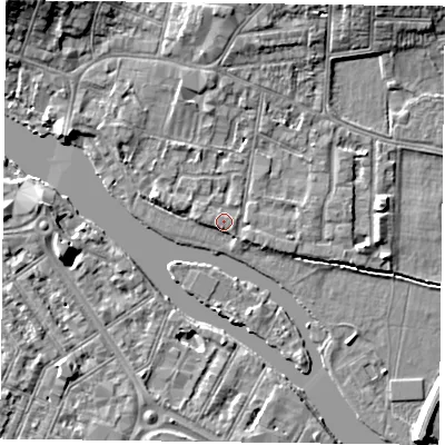 Shaded relief map of the ground around RG48BX, computed from Environment Agency LiDAR. The ground here sits at about 38 m above sea level and falls 9 m across the surrounding 800 m. Surface water reaching this point runs off ground lying to the north-north-east, 3.9 m higher.