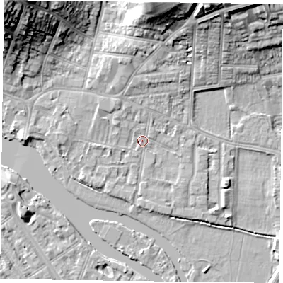 Shaded relief map of the ground around RG48BY, computed from Environment Agency LiDAR. The ground here sits at about 38 m above sea level and falls 23 m across the surrounding 800 m. Surface water reaching this point runs off ground lying to the north, 3.0 m higher.