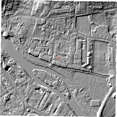 Shaded relief map of the ground around RG48BZ, computed from Environment Agency LiDAR. The ground here sits at about 38 m above sea level and falls 8 m across the surrounding 800 m. Surface water reaching this point runs off ground lying to the east, 0.9 m higher.