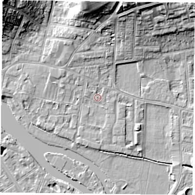 Shaded relief map of the ground around RG48DA, computed from Environment Agency LiDAR. The ground here sits at about 38 m above sea level and falls 21 m across the surrounding 800 m. Surface water reaching this point runs off ground lying to the north-north-west, 3.0 m higher.