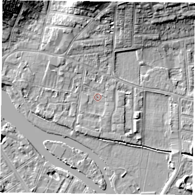 Shaded relief map of the ground around RG48DB, computed from Environment Agency LiDAR. The ground here sits at about 38 m above sea level and falls 16 m across the surrounding 800 m. Surface water reaching this point runs off ground lying to the south-south-east, 1.0 m higher.