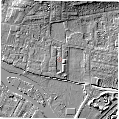 Shaded relief map of the ground around RG48DD, computed from Environment Agency LiDAR. The ground here sits at about 38 m above sea level and falls 9 m across the surrounding 800 m. Surface water reaching this point runs off ground lying to the south, 1.9 m higher.