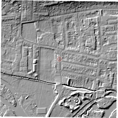 Shaded relief map of the ground around RG48DG, computed from Environment Agency LiDAR. The ground here sits at about 38 m above sea level and falls 9 m across the surrounding 800 m. Surface water reaching this point runs off ground lying to the south-east, 0.9 m higher.
