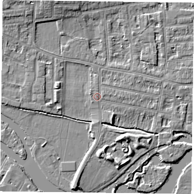 Shaded relief map of the ground around RG48DH, computed from Environment Agency LiDAR. The ground here sits at about 38 m above sea level and falls 7 m across the surrounding 800 m. Surface water reaching this point runs off ground lying to the south-east, 1.3 m higher.