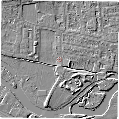 Shaded relief map of the ground around RG48DJ, computed from Environment Agency LiDAR. The ground here sits at about 37 m above sea level and falls 7 m across the surrounding 800 m. Surface water reaching this point runs off ground lying to the south-south-west, 5.8 m higher.