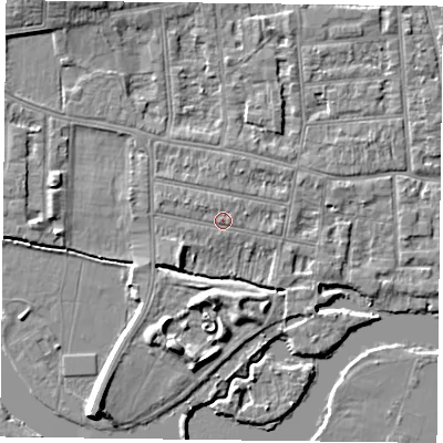 Shaded relief map of the ground around RG48DL, computed from Environment Agency LiDAR. The ground here sits at about 38 m above sea level and falls 7 m across the surrounding 800 m. Surface water reaching this point runs off ground lying to the south-west, 1.3 m higher.