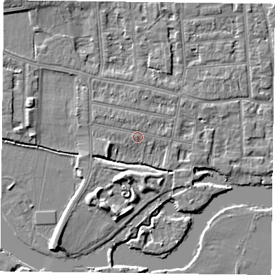 Shaded relief map of the ground around RG48DN, computed from Environment Agency LiDAR. The ground here sits at about 38 m above sea level and falls 7 m across the surrounding 800 m. Surface water reaching this point runs off ground lying to the west-south-west, 1.3 m higher.