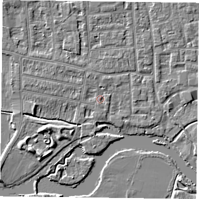 Shaded relief map of the ground around RG48DP, computed from Environment Agency LiDAR. The ground here sits at about 38 m above sea level and falls 6 m across the surrounding 800 m. Surface water reaching this point runs off ground lying to the west, 2.1 m higher.