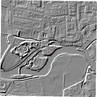 Shaded relief map of the ground around RG48DQ, computed from Environment Agency LiDAR. The ground here sits at about 38 m above sea level and falls 6 m across the surrounding 800 m. Surface water reaching this point runs off ground lying to the east-north-east, 2.7 m higher.