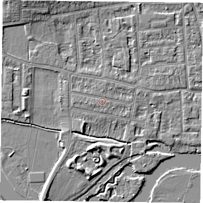 Shaded relief map of the ground around RG48DS, computed from Environment Agency LiDAR. The ground here sits at about 38 m above sea level and falls 7 m across the surrounding 800 m. Surface water reaching this point runs off ground lying to the west-south-west, 0.8 m higher.