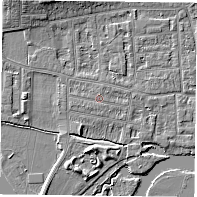 Shaded relief map of the ground around RG48DT, computed from Environment Agency LiDAR. The ground here sits at about 38 m above sea level and falls 8 m across the surrounding 800 m. Surface water reaching this point runs off ground lying to the south-west, 0.8 m higher.