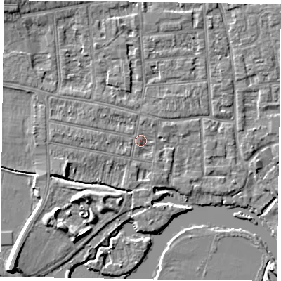 Shaded relief map of the ground around RG48DU, computed from Environment Agency LiDAR. The ground here sits at about 38 m above sea level and falls 7 m across the surrounding 800 m. Surface water reaching this point runs off ground lying to the west-south-west, 2.1 m higher.