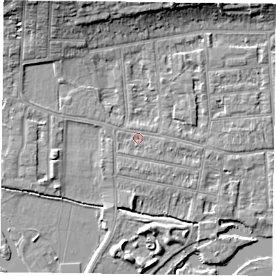 Shaded relief map of the ground around RG48DX, computed from Environment Agency LiDAR. The ground here sits at about 38 m above sea level and falls 11 m across the surrounding 800 m. Surface water reaching this point runs off ground lying to the east-south-east, 0.9 m higher.