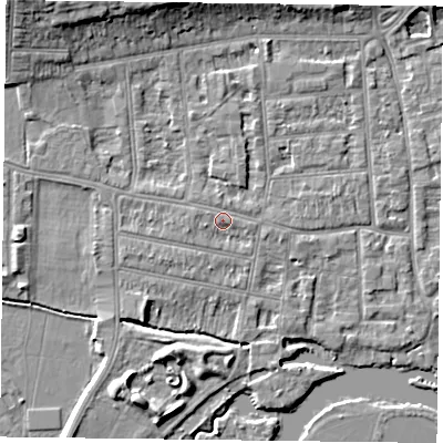 Shaded relief map of the ground around RG48DY, computed from Environment Agency LiDAR. The ground here sits at about 38 m above sea level and falls 9 m across the surrounding 800 m. Surface water reaching this point runs off ground lying to the west-south-west, 1.4 m higher.
