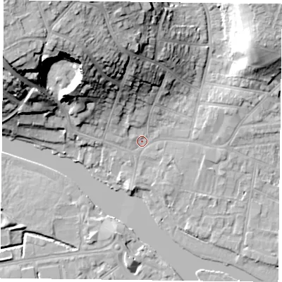 Shaded relief map of the ground around RG48DZ, computed from Environment Agency LiDAR. The ground here sits at about 38 m above sea level and falls 32 m across the surrounding 800 m. Surface water reaching this point runs off ground lying to the north-west, 30.6 m higher.