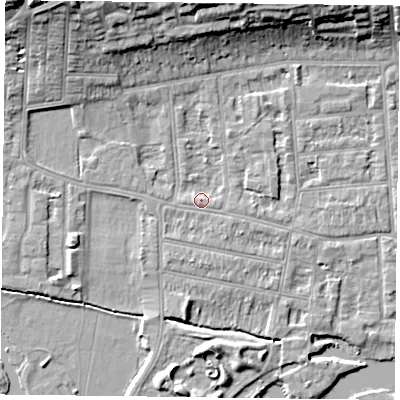 Shaded relief map of the ground around RG48EA, computed from Environment Agency LiDAR. The ground here sits at about 38 m above sea level and falls 15 m across the surrounding 800 m. Surface water reaching this point runs off ground lying to the east-north-east, 1.5 m higher.