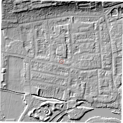 Shaded relief map of the ground around RG48EB, computed from Environment Agency LiDAR. The ground here sits at about 38 m above sea level and falls 11 m across the surrounding 800 m. Surface water reaching this point runs off ground lying to the west-north-west, 1.5 m higher.