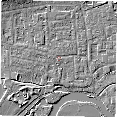 Shaded relief map of the ground around RG48ED, computed from Environment Agency LiDAR. The ground here sits at about 38 m above sea level and falls 7 m across the surrounding 800 m. Surface water reaching this point runs off ground lying to the west-north-west, 1.0 m higher.